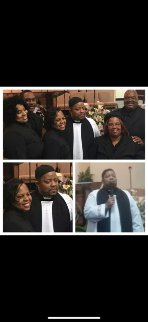 Photo collage of ministry group and pastor preaching at church service