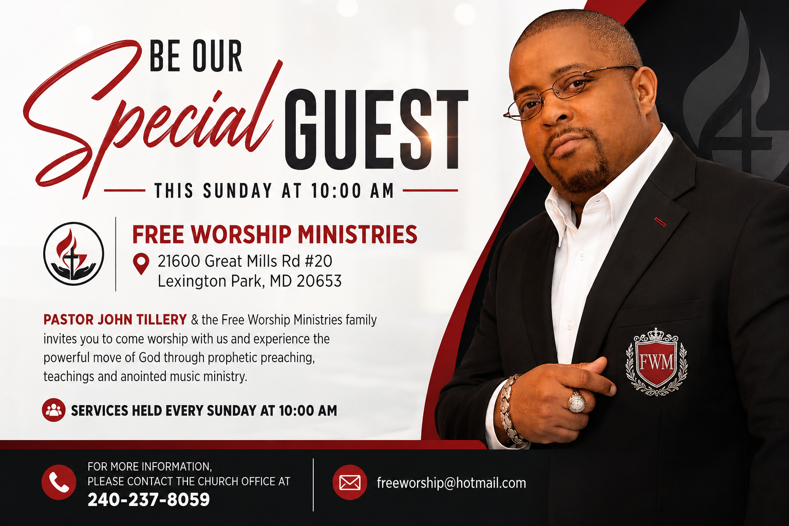 Be Our Special Guest — Free Worship Ministries Sunday service invite flyer