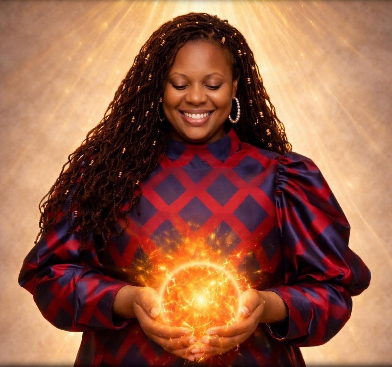 Lady holding a glowing golden ball of light — prophetic portrait