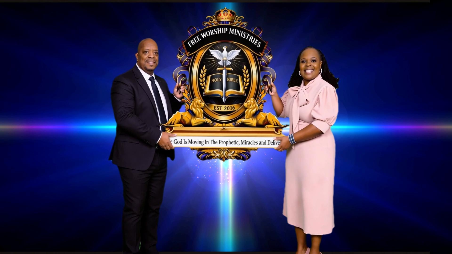 Pastor John and Lady Katina Tillery presenting Free Worship Ministries logo